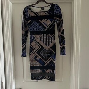 Fire Los Angeles Black and Blue Patterned Long Sleeve Dress